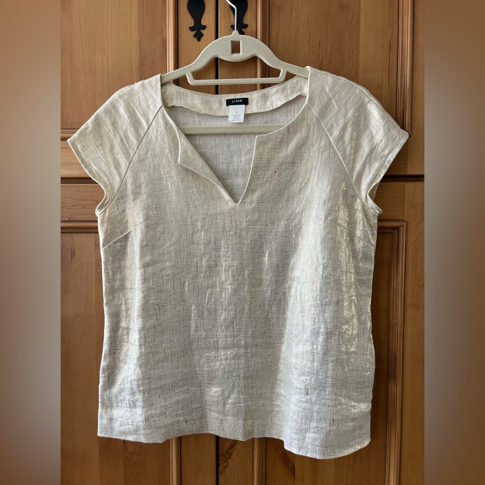 J.Crew Gold Metallic Linen Structured Top Size 4 V-Neck Blouse
